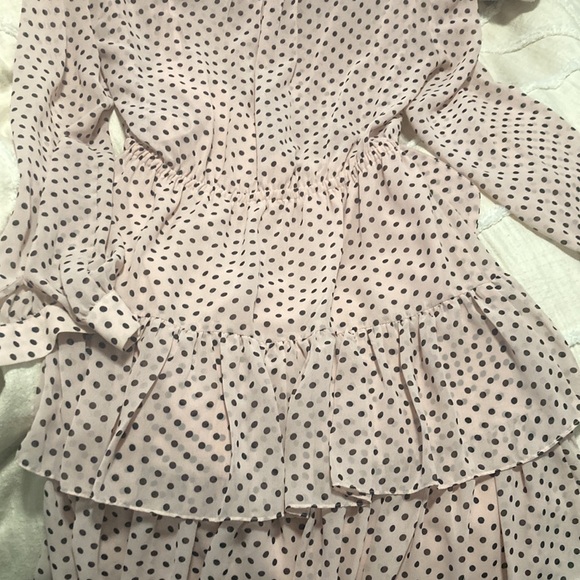 BEBE Bebe Dress Chiffon Mini Ruffled Lined Bow Pink Black Polka Dot - Picture 5 of 5